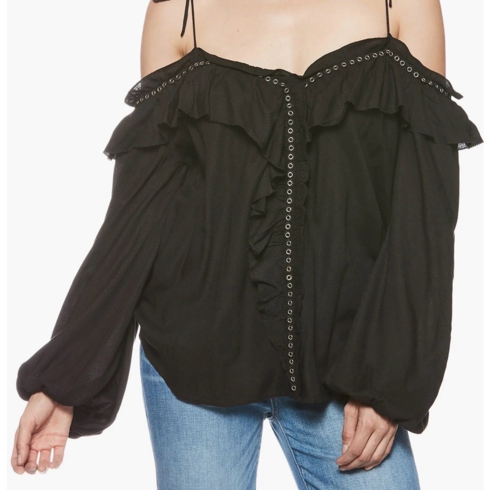 PAIGE Journee Tie Shoulder Blouse Grommets and Ruffle Detail Black Size Medium